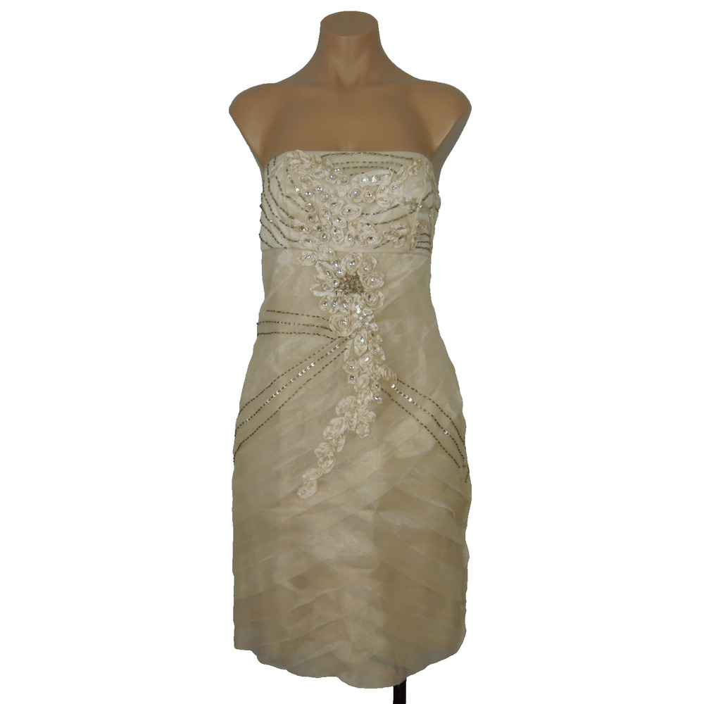 SUE WONG NOCTURNE Formal Champagne 8 Strapless Dress Beaded Womens